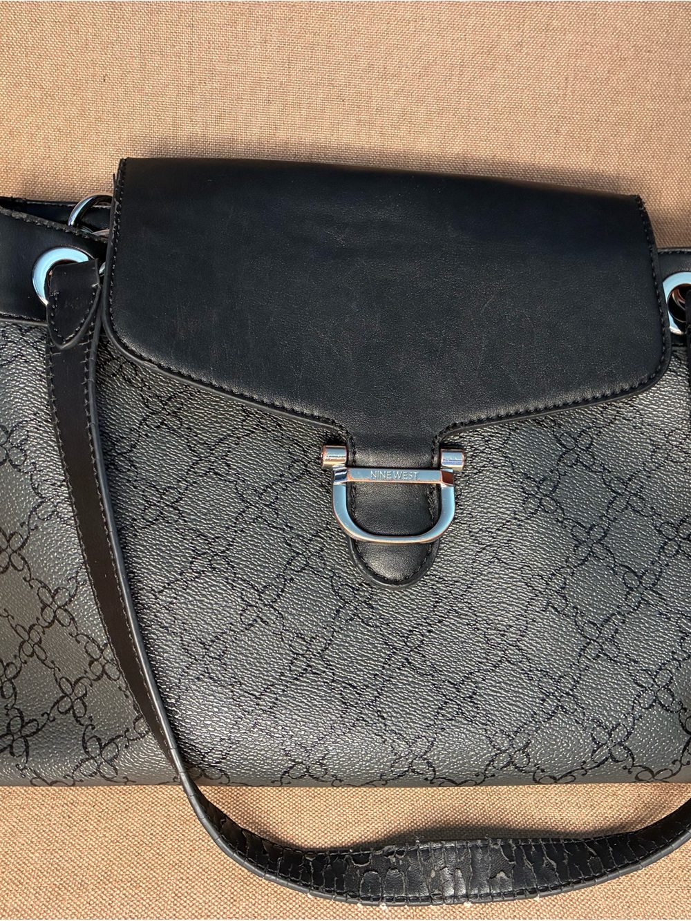 Nine West Black Patterned Shoulder Bag with Leather Flap